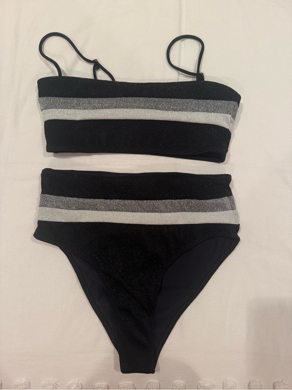 Elysiian Black & Silver Sparkly High-Waist Bikini Set TOP AND BOTTOM Women Swim